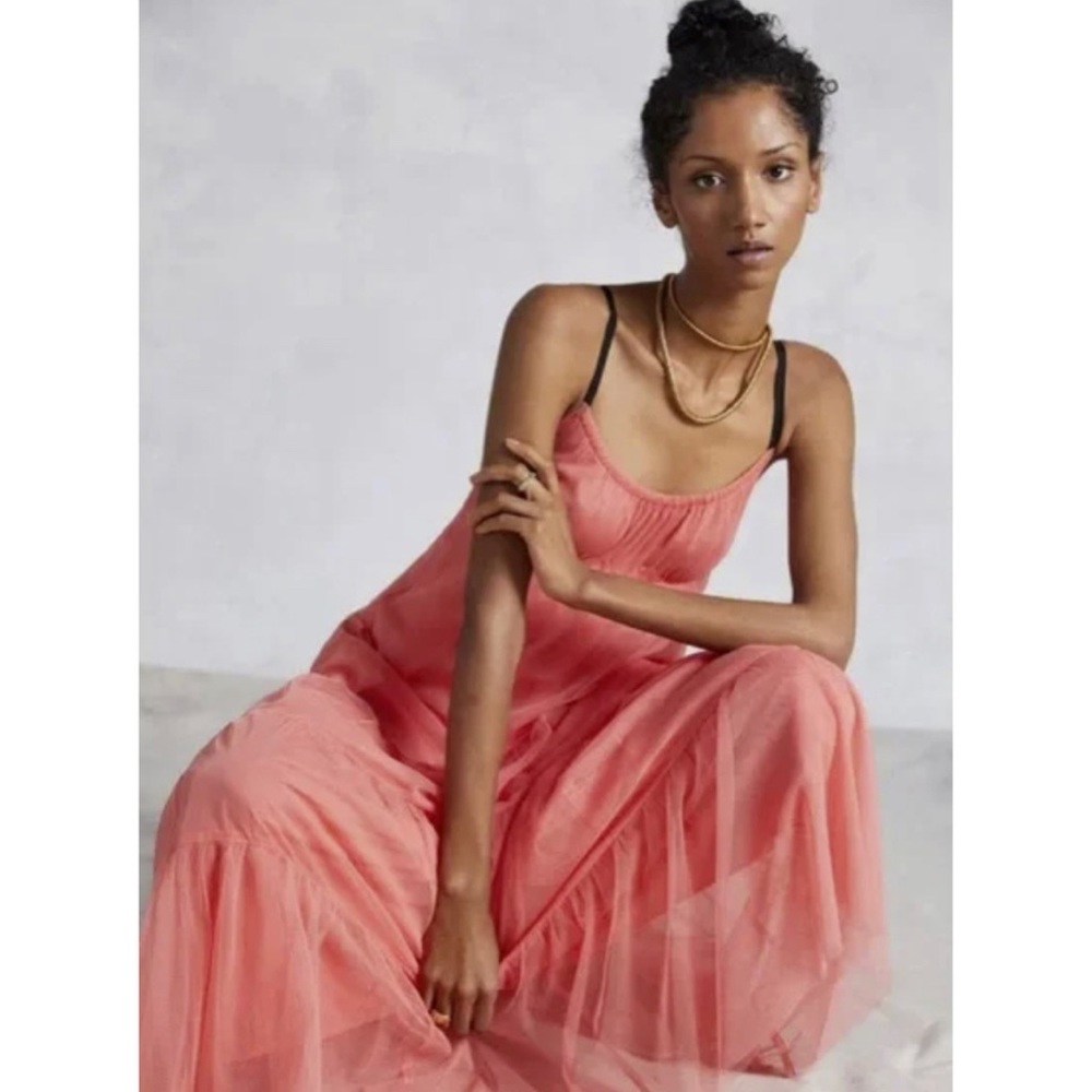 Anthropologie Maeve Coral Tulle Midi